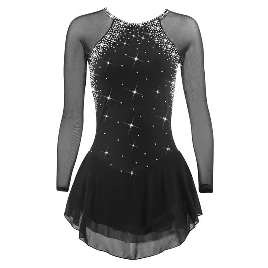 Figure Skating Dress for Women & Girls, Open Back Mesh, High-Elastic Spandex, Long Sleeve Ice Skating Outfit for Training & Competition, Classic Crystal Rhinestone Design