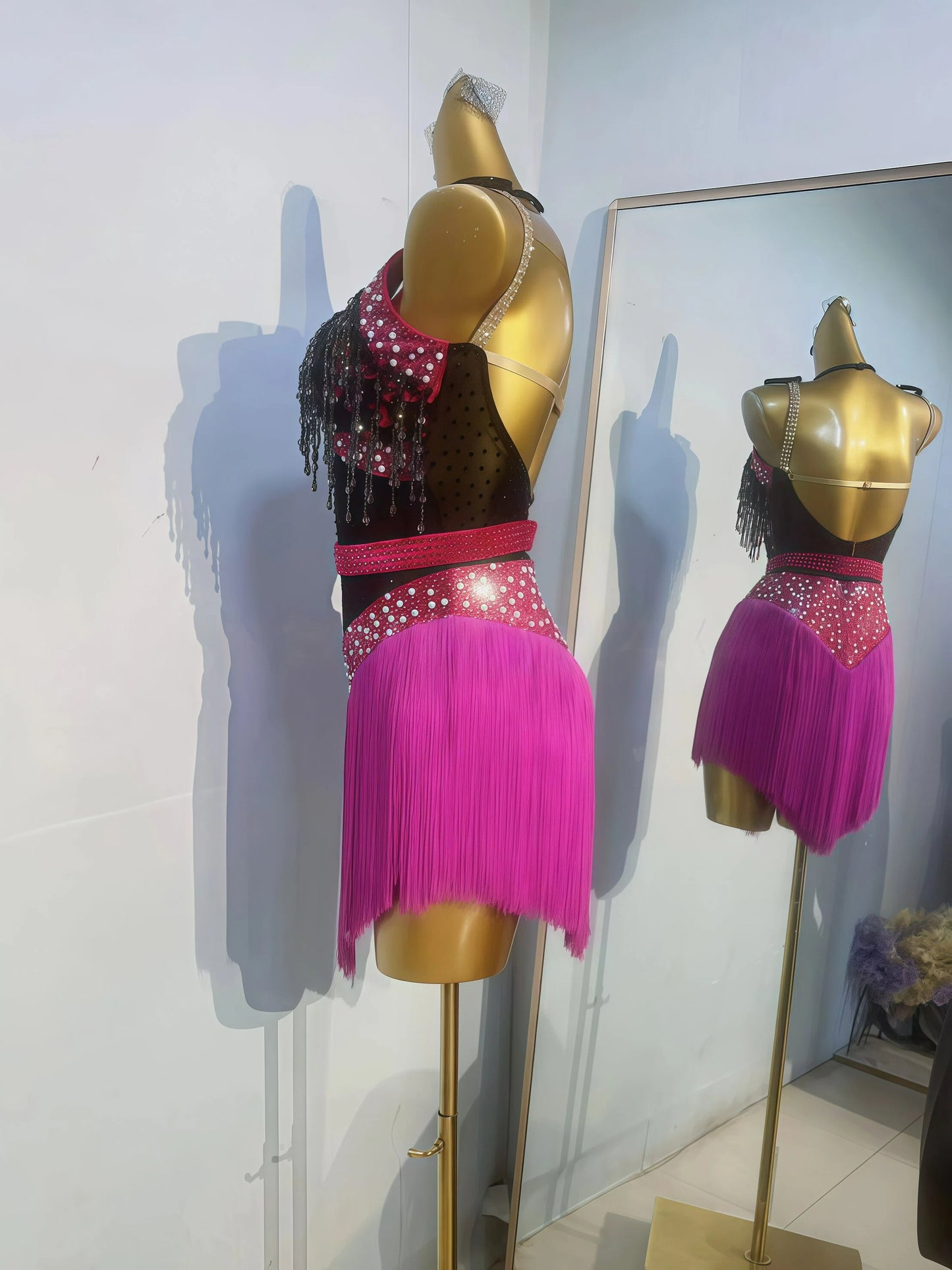 Women’s Latin Dance Dress with Rhinestones & Tassels – Adult Cha-Cha Practice, Group Performance & Competition Costume