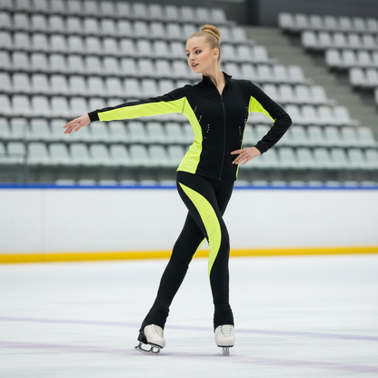 Figure Skating Training Outfit Set for Kids & Adults – Black Jacket and Long Pants with Color Block Stripes