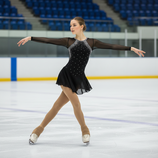 Figure Skating Dress for Women & Girls, Open Back Mesh, High-Elastic Spandex, Long Sleeve Ice Skating Outfit for Training & Competition, Classic Crystal Rhinestone Design