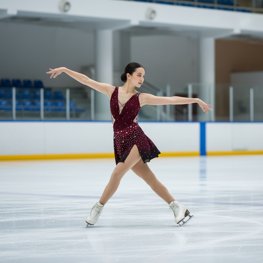 Custom Burgundy Ombre Figure Skating Dress – Long Sleeve Competition Performance Costume with Rhinestones for Women