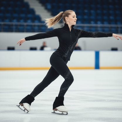 Figure Skating Training Outfit for Kids and Adults – Black Solid Color Jacket and Pants with Starry Rhinestone