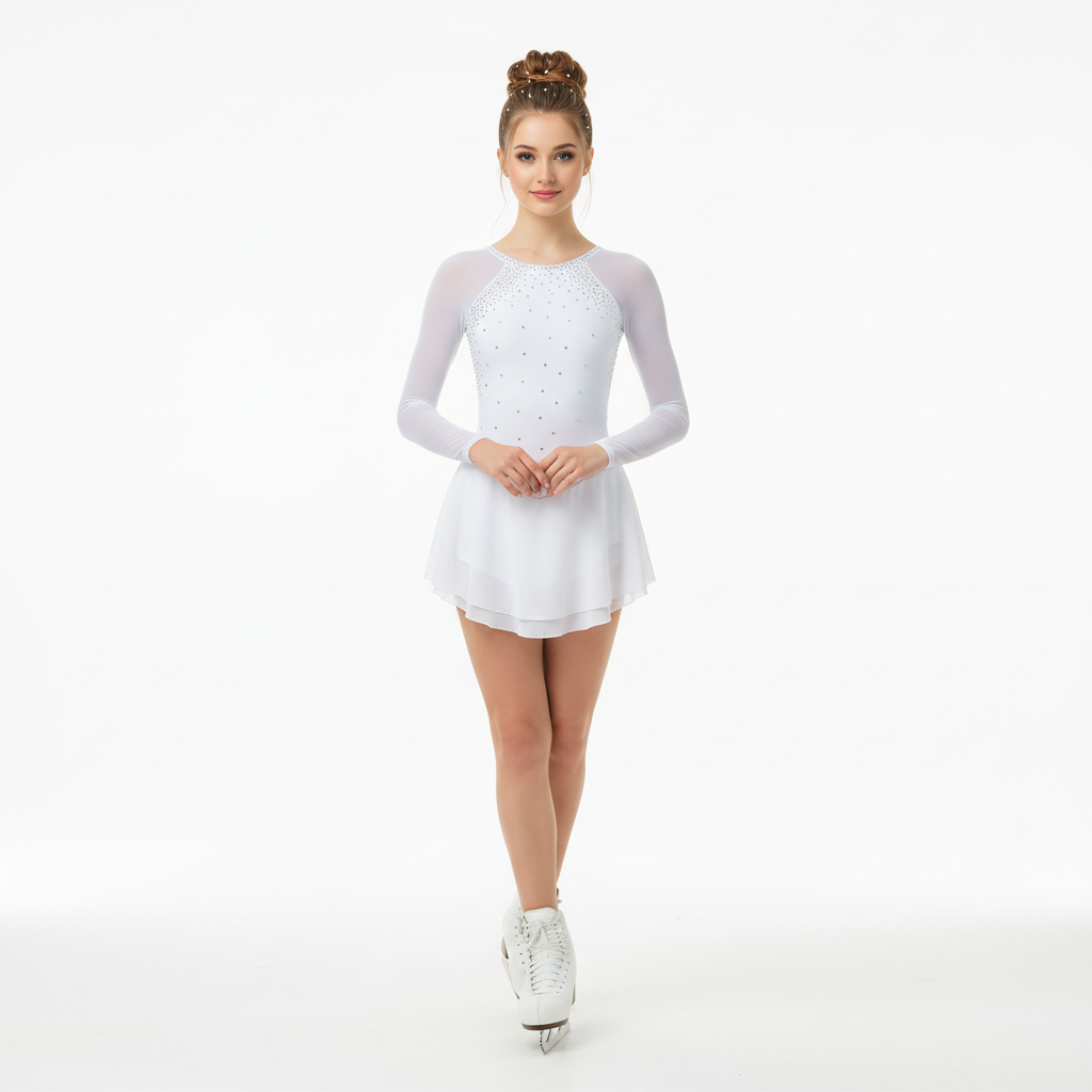Figure Skating Dress for Women & Girls, Open Back Mesh, High-Elastic Spandex, Long Sleeve Ice Skating Outfit for Training & Competition, Classic Crystal Rhinestone Design