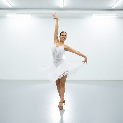 Women’s Latin Dance Dress with Rhinestones & Tassels – Adult Cha-Cha Practice, Group Performance & Competition Costume