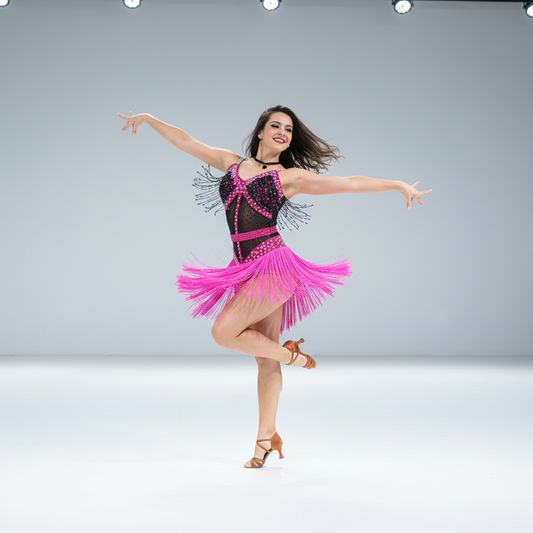 Women’s Latin Dance Dress with Rhinestones & Tassels – Adult Cha-Cha Practice, Group Performance & Competition Costume
