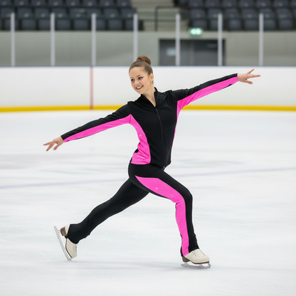 Figure Skating Training Outfit Set for Kids & Adults – Black Jacket and Long Pants with Color Block Stripes