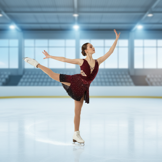 Custom Burgundy Ombre Figure Skating Dress – Long Sleeve Competition Performance Costume with Rhinestones for Women