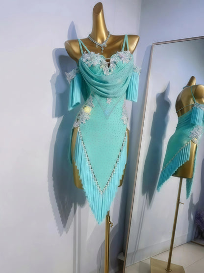 New Women’s Latin Dance Dress – Rhinestone Fringe Costume for Practice, Performance & Competition, Professional Custom Design