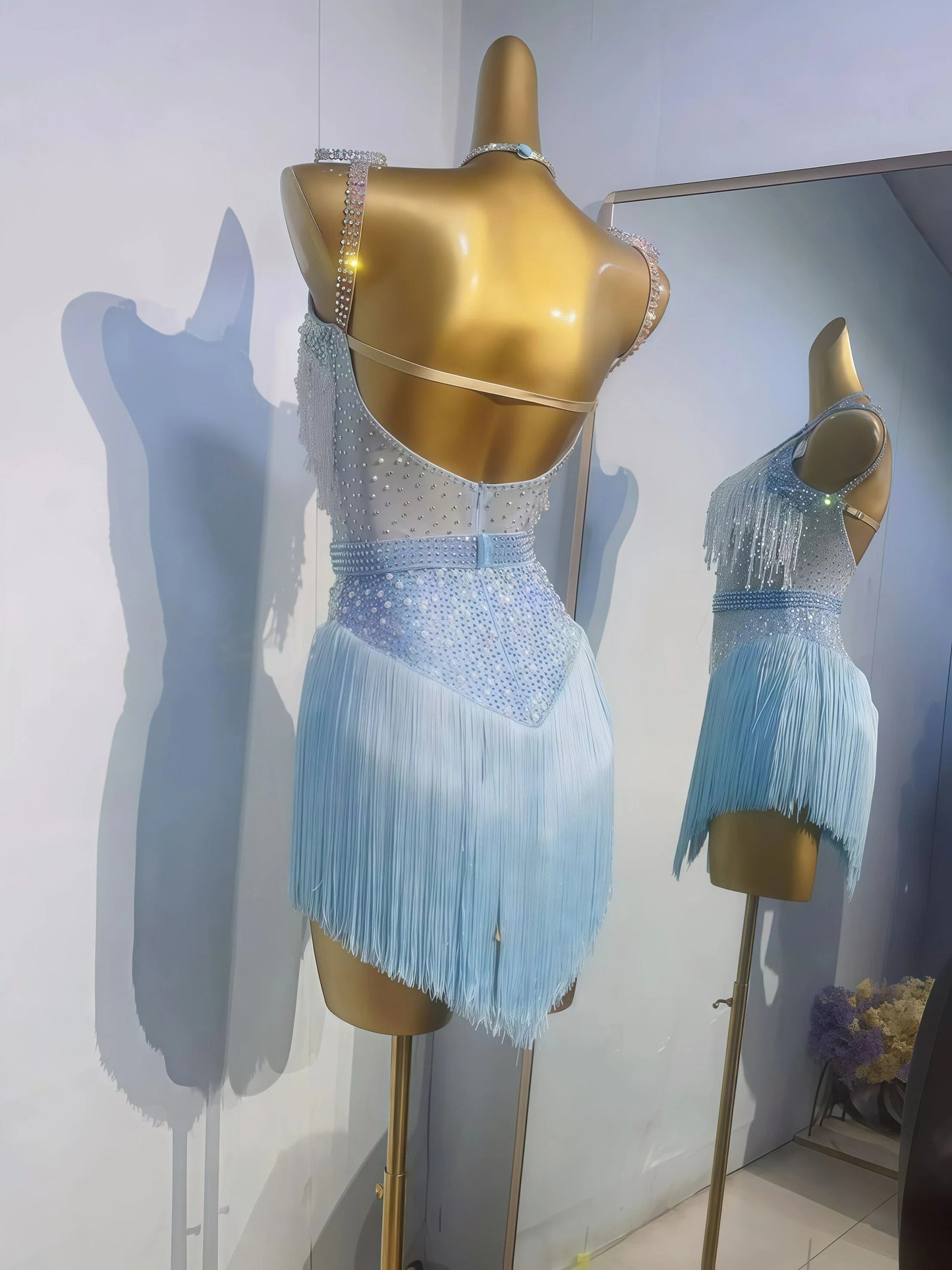 Women’s Latin Dance Dress with Rhinestones & Tassels – Adult Cha-Cha Practice, Group Performance & Competition Costume