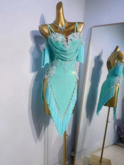 New Women’s Latin Dance Dress – Rhinestone Fringe Costume for Practice, Performance & Competition, Professional Custom Design