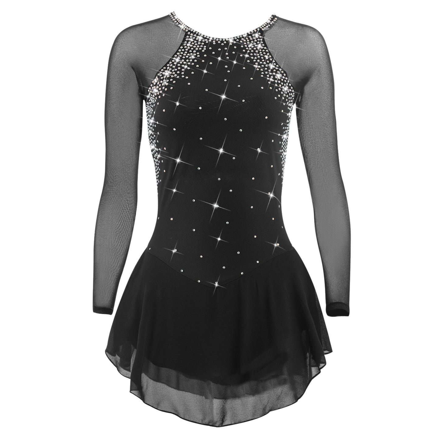 Figure Skating Dress for Women & Girls, Open Back Mesh, High-Elastic Spandex, Long Sleeve Ice Skating Outfit for Training & Competition, Classic Crystal Rhinestone Design