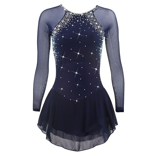 Figure Skating Dress for Women & Girls, Open Back Mesh, High-Elastic Spandex, Long Sleeve Ice Skating Outfit for Training & Competition, Classic Crystal Rhinestone Design