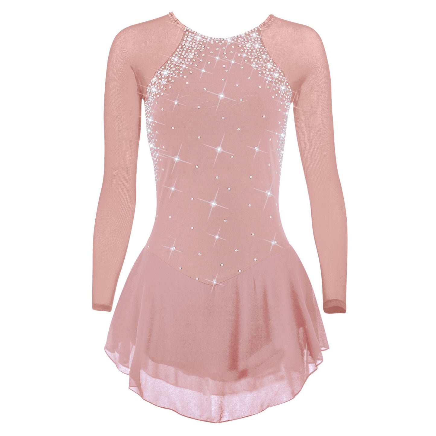 Figure Skating Dress for Women & Girls, Open Back Mesh, High-Elastic Spandex, Long Sleeve Ice Skating Outfit for Training & Competition, Classic Crystal Rhinestone Design