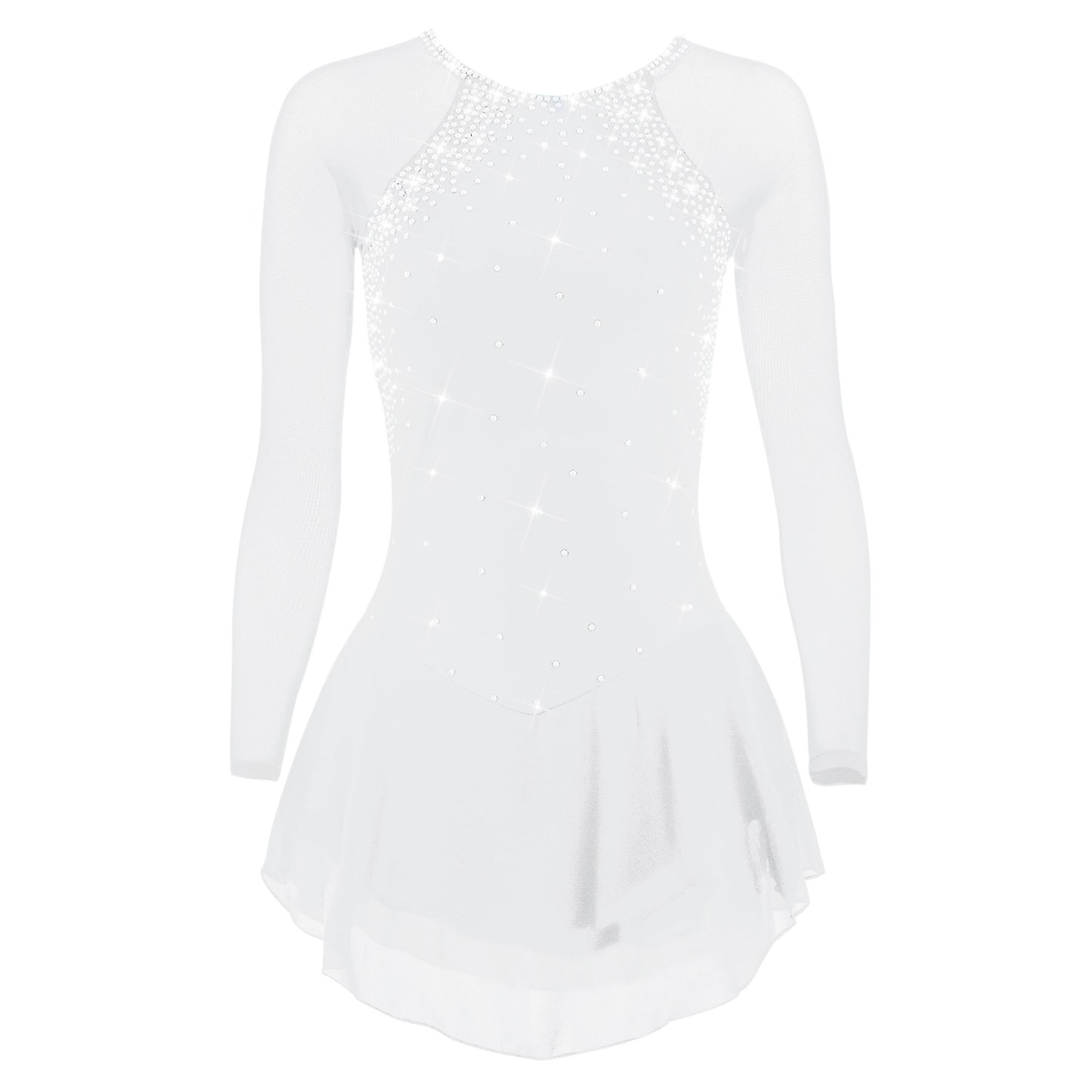 Figure Skating Dress for Women & Girls, Open Back Mesh, High-Elastic Spandex, Long Sleeve Ice Skating Outfit for Training & Competition, Classic Crystal Rhinestone Design