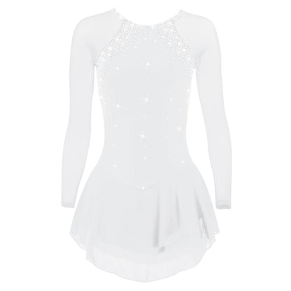 Figure Skating Dress for Women & Girls, Open Back Mesh, High-Elastic Spandex, Long Sleeve Ice Skating Outfit for Training & Competition, Classic Crystal Rhinestone Design