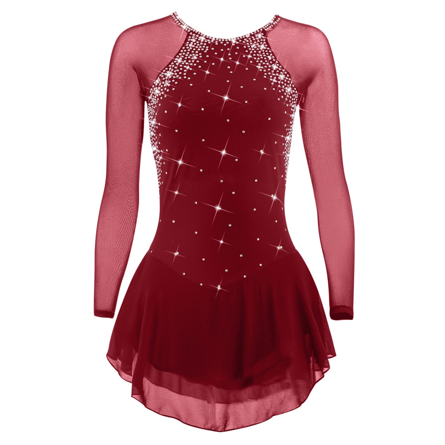 Figure Skating Dress for Women & Girls, Open Back Mesh, High-Elastic Spandex, Long Sleeve Ice Skating Outfit for Training & Competition, Classic Crystal Rhinestone Design