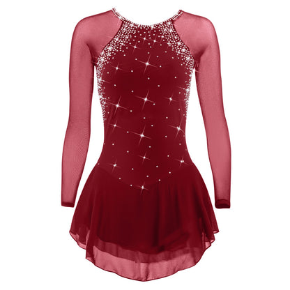 Figure Skating Dress for Women & Girls, Open Back Mesh, High-Elastic Spandex, Long Sleeve Ice Skating Outfit for Training & Competition, Classic Crystal Rhinestone Design