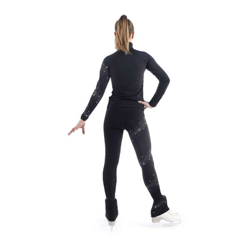 Figure Skating Training Outfit for Kids and Adults – Black Solid Color Jacket and Pants with Starry Rhinestone