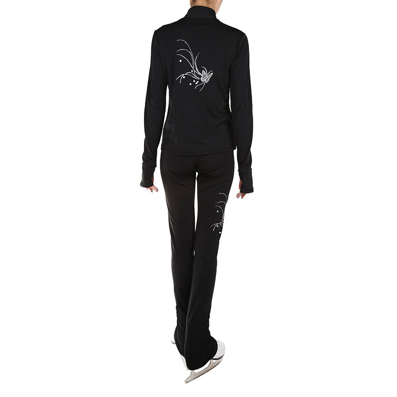Figure Skating Training Outfit for Kids and Adults – Black Jacket and Long Pants with Custom Butterfly Sequins
