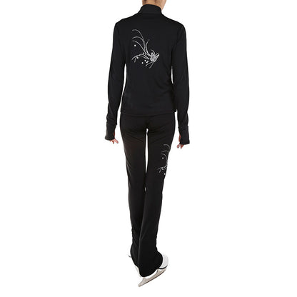 Figure Skating Training Outfit for Kids and Adults – Black Jacket and Long Pants with Custom Butterfly Sequins