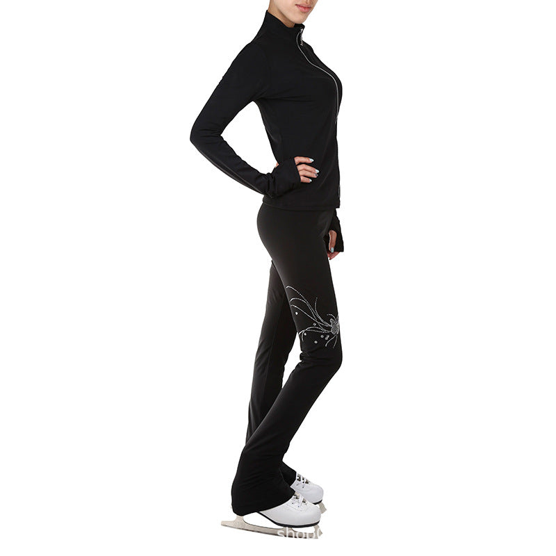 Figure Skating Training Outfit for Kids and Adults – Black Jacket and Long Pants with Custom Butterfly Sequins