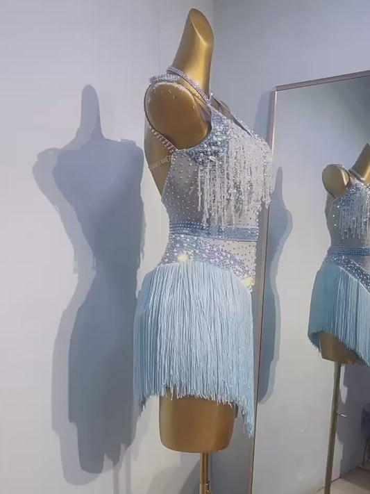 Women’s Latin Dance Dress with Rhinestones & Tassels – Adult Cha-Cha Practice, Group Performance & Competition Costume