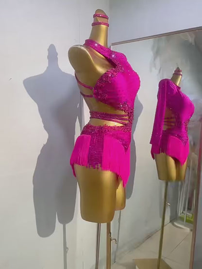 New Latin Dance Dress for Women – Ballroom Rumba Competition Dress, Adult Group Performance Costume, Fringe Latin Dance Skirt