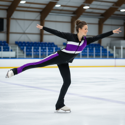 Figure Skating Training Outfit for Kids and Adults – Black Jacket and Long Pants with Custom Color Stripes