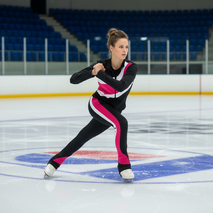 Figure Skating Training Outfit for Kids and Adults – Black Jacket and Long Pants with Custom Color Stripes