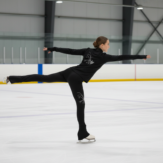 Figure Skating Training Outfit for Kids and Adults – Black Jacket and Long Pants with Custom Butterfly Sequins