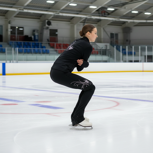 Figure Skating Training Outfit for Kids and Adults – Black Jacket and Long Pants with Custom Butterfly Sequins